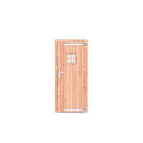 Deur Douglas hout met ruit rechtsdraaiend - buitenmaat 90x201cm met RVS deurbeslag