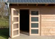 Dubbele deur Douglas hout buitenmaat 168x201cm met melkglas en RVS deurbeslag