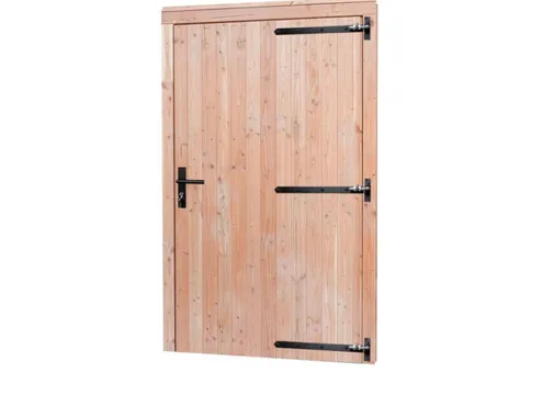 Deur Douglas hout rechtsdraaiend XL buitenmaat 110x214,5cm met zwart deurbeslag
