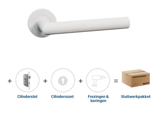 Cilinderslot pakket wit deurkruk Aquarius cilinderrozet Pavo cilinderslot met RVS voorplaat