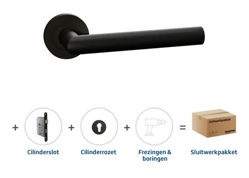 Cilinderslot pakket zwart deurkruk Aquarius cilinderrozet Pavo cilinderslot met RVS slotplaat