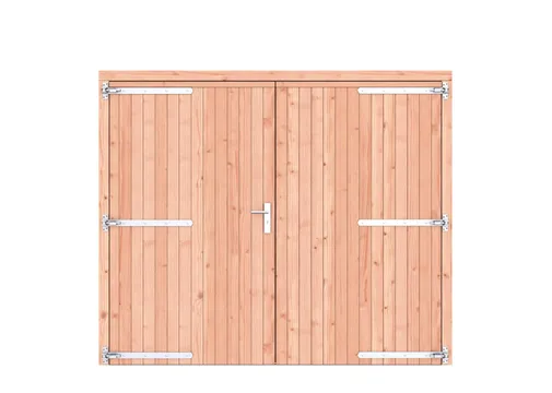 Dubbele deur Douglas hout buitenmaat 250x209cm met glas zwart deurbeslag