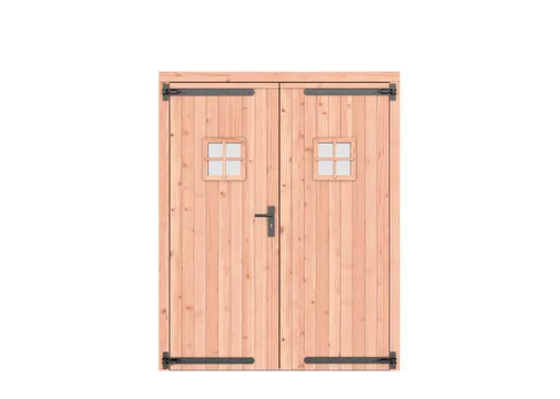 Dubbele deur Douglas hout met ruit - buitenmaat 168x209cm met Zwart deurbeslag