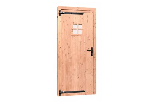 Deur Douglas hout linksdraaiend buitenmaat 90x201cm met glas en zwart deurbeslag