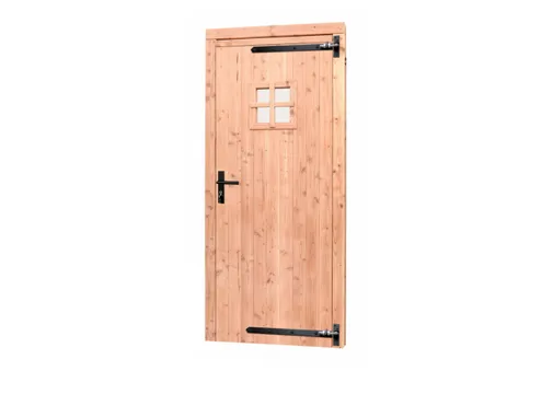 Deur Douglas hout rechtsdraaiend buitenmaat 90x201cm met glas en zwart deurbeslag