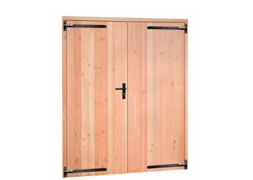Dubbele deur Douglas hout buitenmaat 168x201cm met deurbeslag zwart 