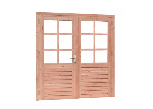 Dubbele deur Douglas hout buitenmaat 202x221cm met dubbelglas en RVS deurbeslag
