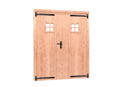 Dubbele deur Douglas hout buitenmaat 168x201cm met glas en deurbeslag zwart
