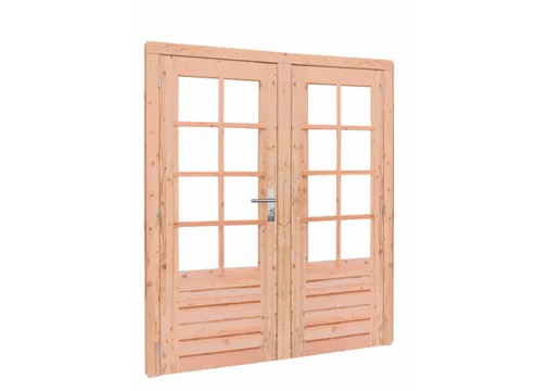Dubbele deur Douglas hout buitenmaat 168x201cm met glas en RVS deurbeslag