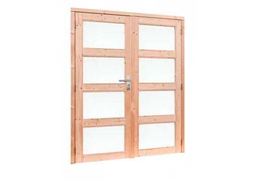 Dubbele deur Douglas hout buitenmaat 168x201cm met melkglas en RVS deurbeslag