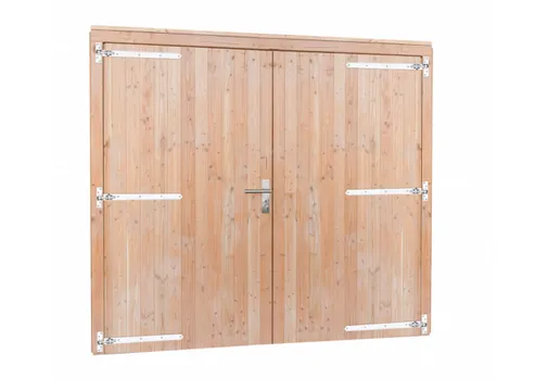 Dubbele deur Douglas hout XL buitenmaat 255x209cm met RVS deurbeslag