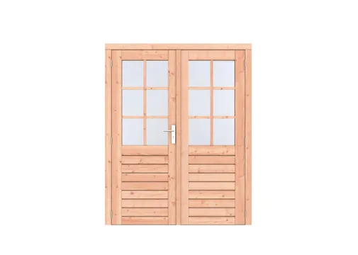 Dubbele deur Douglas hout 6-ruits  - buitenmaat 168x209cm met RVS deurbeslag
