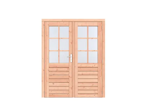Dubbele deur Douglas hout buitenmaat 168x209cm met RVS deurbeslag
