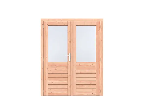 Dubbele deur Douglas hout buitenmaat 168x209cm met RVS deurbeslag