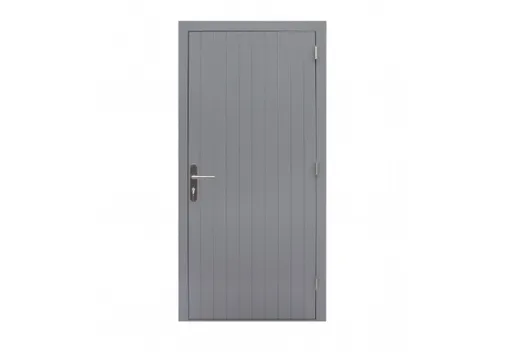 Deur Meranti buitenmaat 109x221cm met RVS deurbeslag gegrond