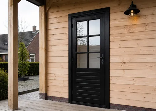 Vuren glasdeur zwart ruit 100x205cm links inclusief RVS deurbeslag