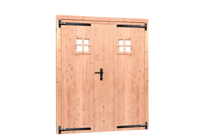 Dubbele deur Douglas hout buitenmaat 168x201cm met glas en deurbeslag zwart