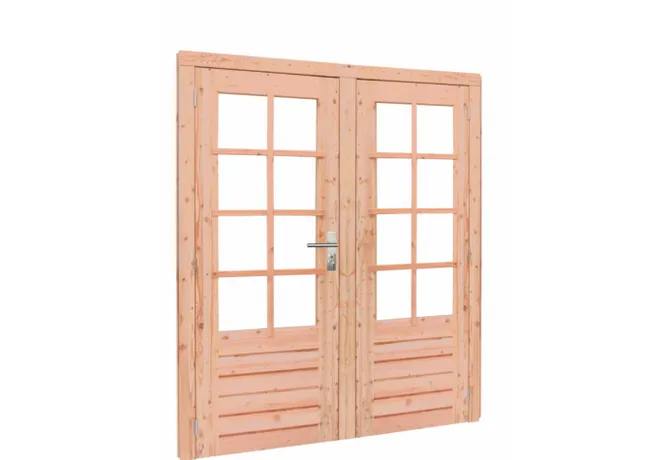 Dubbele deur Douglas hout buitenmaat 168x201cm met glas en RVS deurbeslag