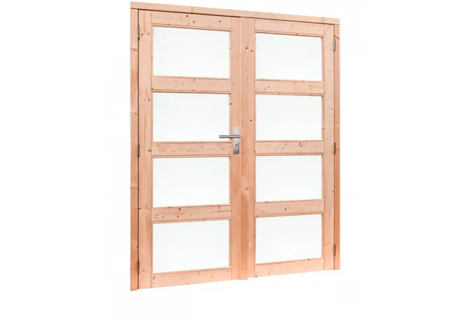 Dubbele deur Douglas hout buitenmaat 168x201cm met melkglas en RVS deurbeslag