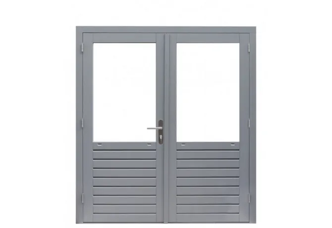Dubbele deur Meranti buitenmaat 202x221cm met glas en RVS deurbeslag gegrond